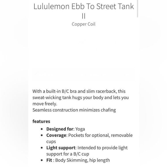 Lululemon Ebb to street tank ll SZ 6
Figue. Four way stretch.
Yoga
Athletic wear - Picture 5 of 16